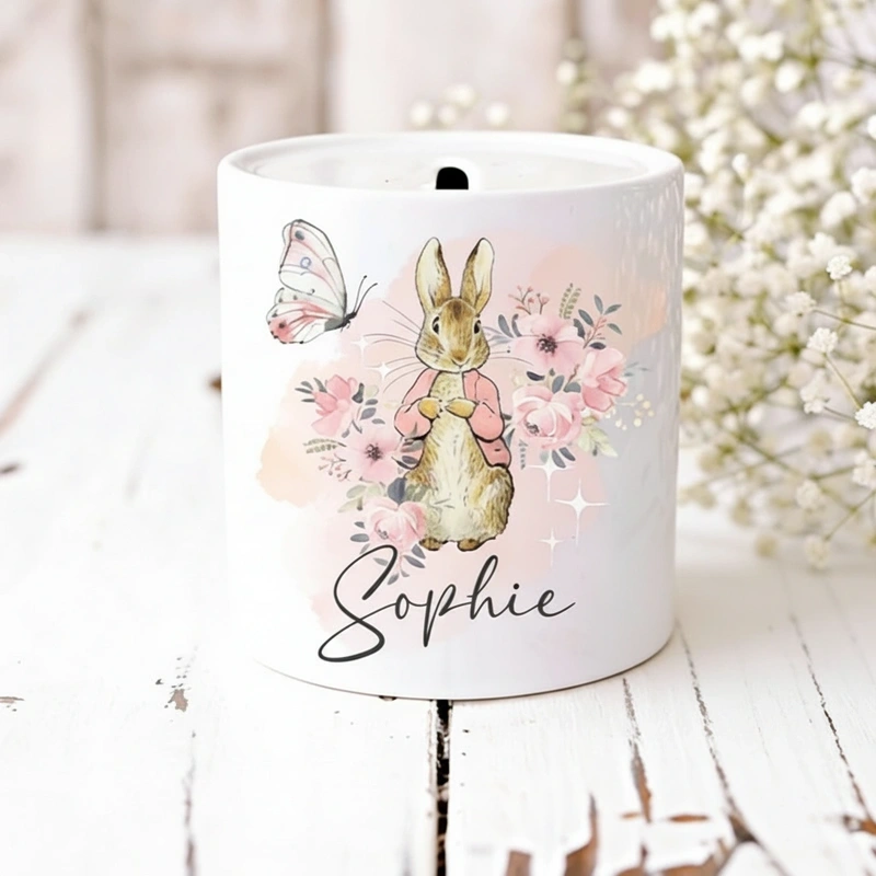 Personalized Easter Bunny Money Bank Custom Name Ceramic Coin Jar for Kids Spring Gifts