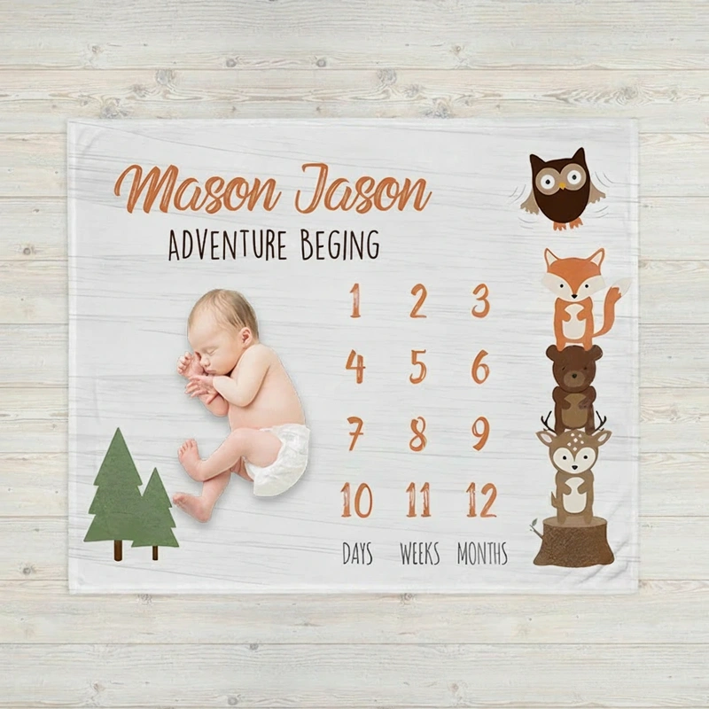 Personalized Baby Name Blanket Woodland Baby Milestone Fleece Blanket
