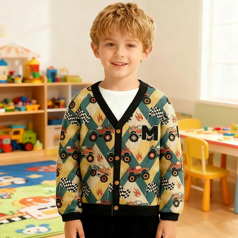 Personalized Monster Truck Race Kids Cardigan Sweaters with Custom Initial Kids Gift