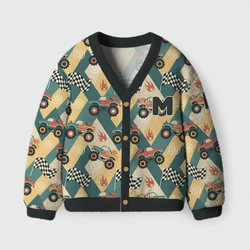 Personalized Monster Truck Race Kids Cardigan Sweaters with Custom Initial Kids Gift