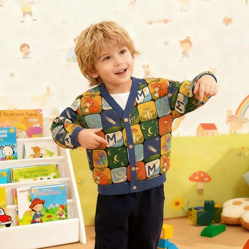 Personalized Forest Night Theme Kids Cardigan Sweaters with Custom Initial Kids Gift