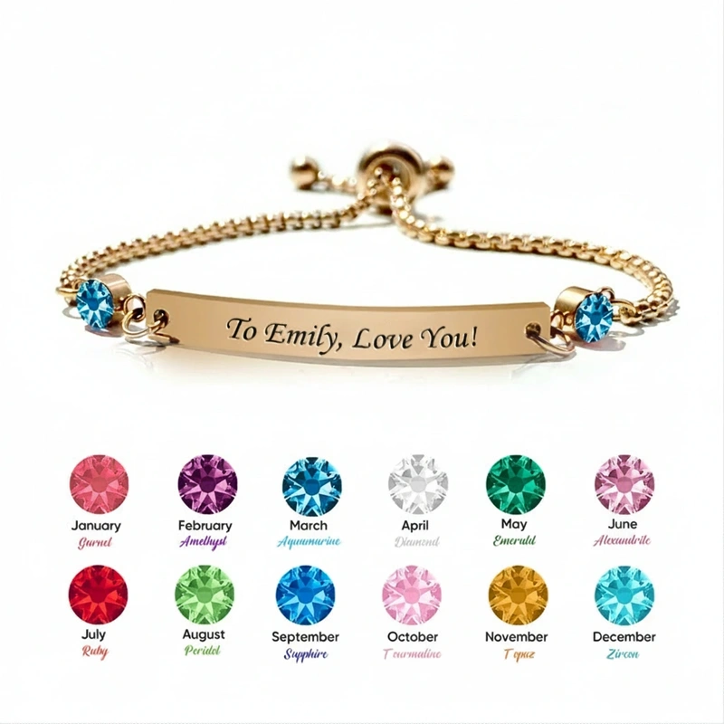 Personalized Birthstone Bracelet Engraved Bar Bracelet for Her with Any Name Custom Gift for Mum Sister Bridesmaid Auntie Girlfriend