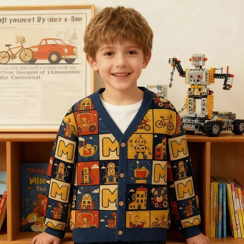 Personalized Retro City and Robot Theme Kids Cardigan Sweaters with Custom Initial