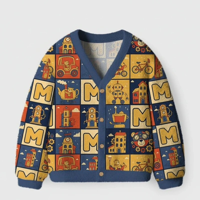 Personalized Retro City and Robot Theme Kids Cardigan Sweaters with Custom Initial