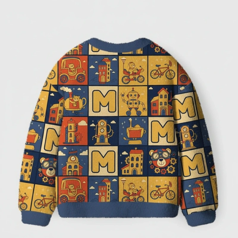 Personalized Retro City and Robot Theme Kids Cardigan Sweaters with Custom Initial