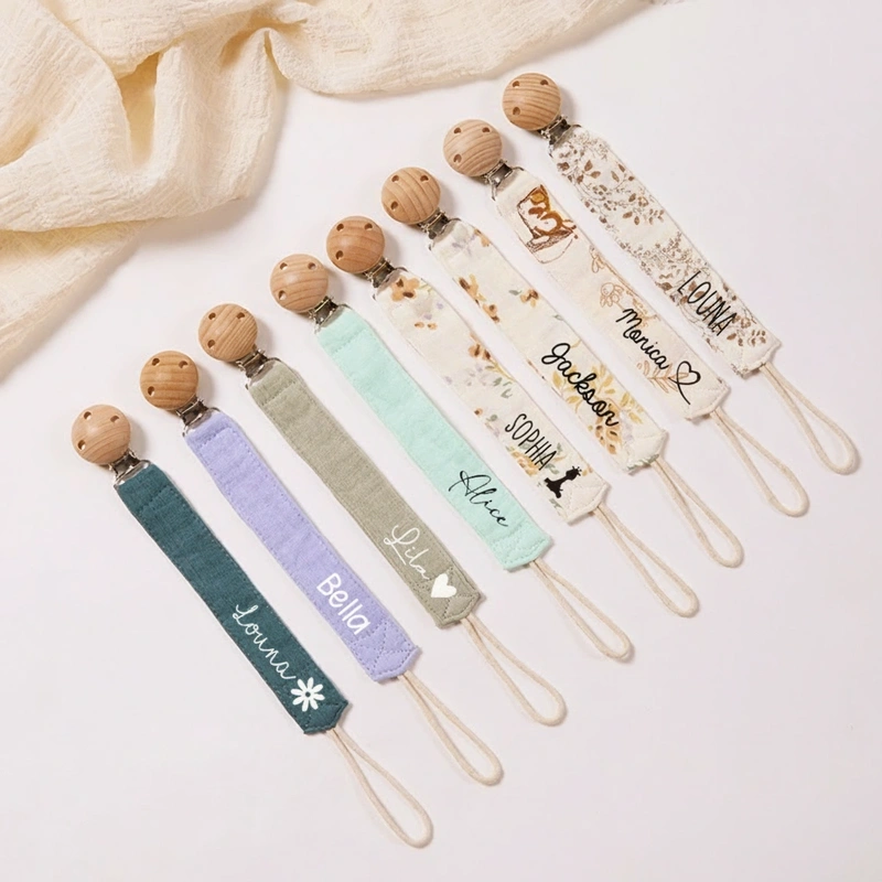 Personalized Double Gauze Pacifier Clips with Wooden Beads Baby Gift Idea