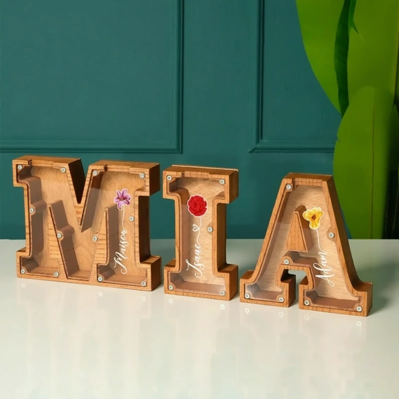 Personalized Wooden Letter Piggy Bank Birth Flower Name Transparent Money Box Gift for Kids Home Decor