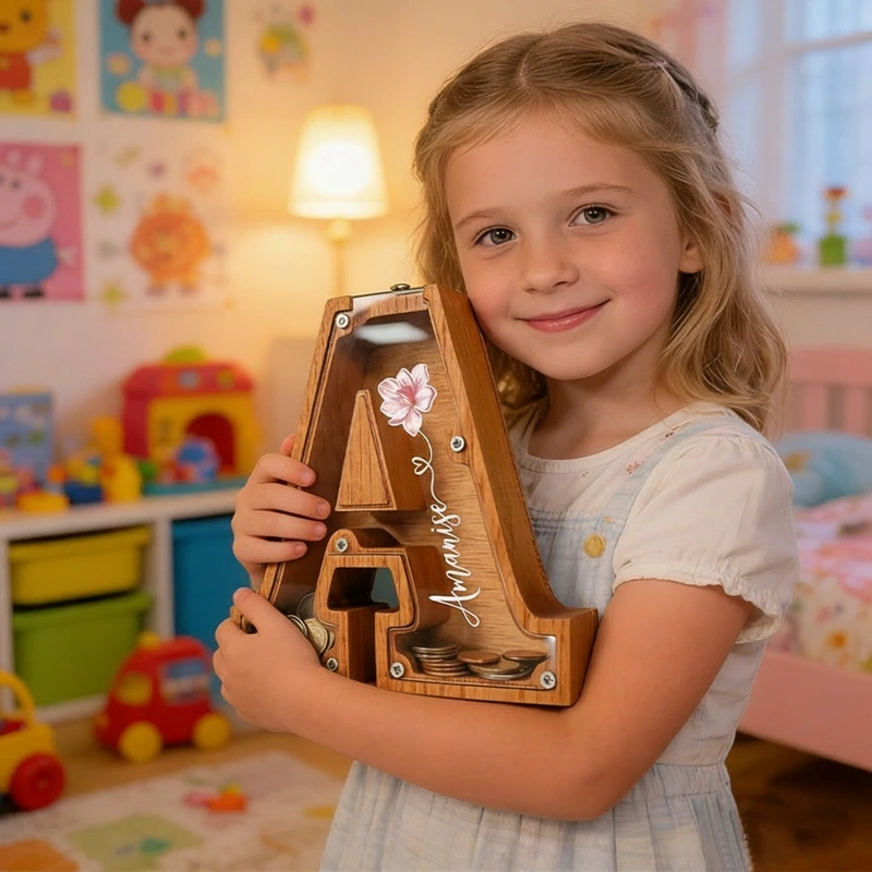 Personalized Wooden Letter Piggy Bank Birth Flower Name Transparent Money Box Gift for Kids Home Decor