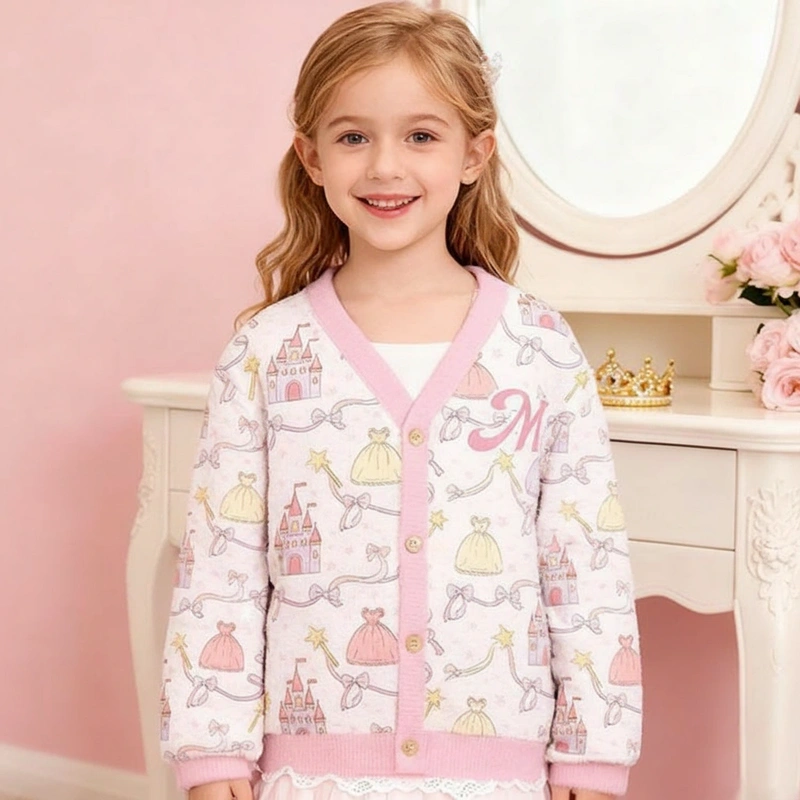 Personalized Princess Castle and Fairytale Dress Theme Kids Cardigan with Custom Initial