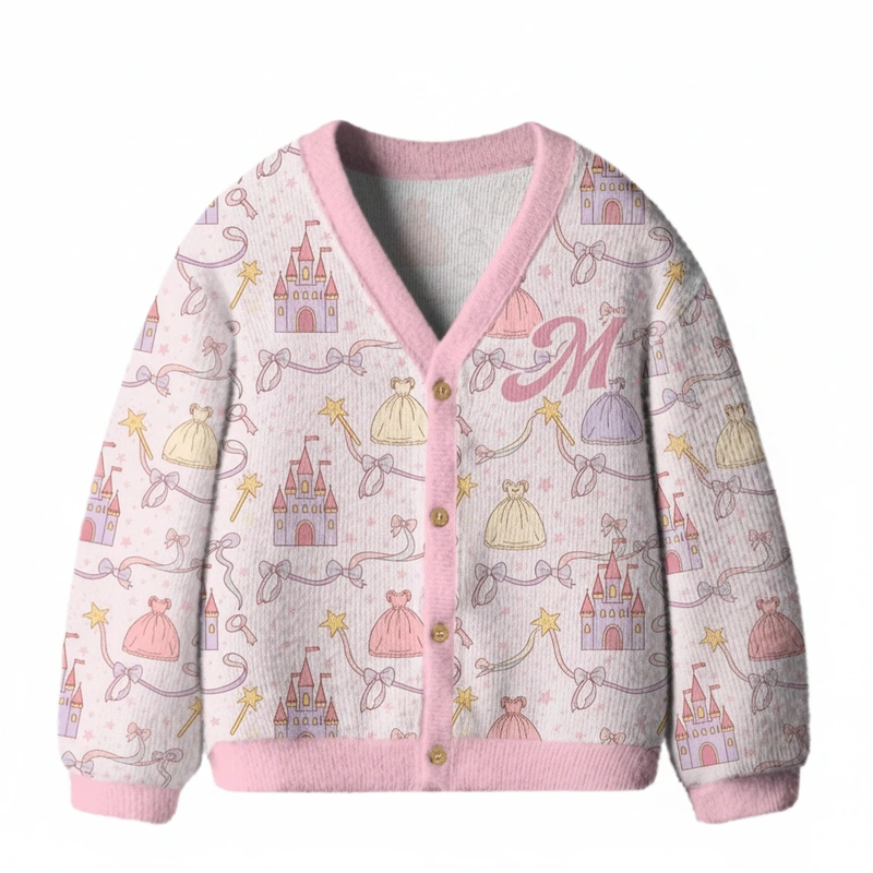 Personalized Princess Castle and Fairytale Dress Theme Kids Cardigan with Custom Initial