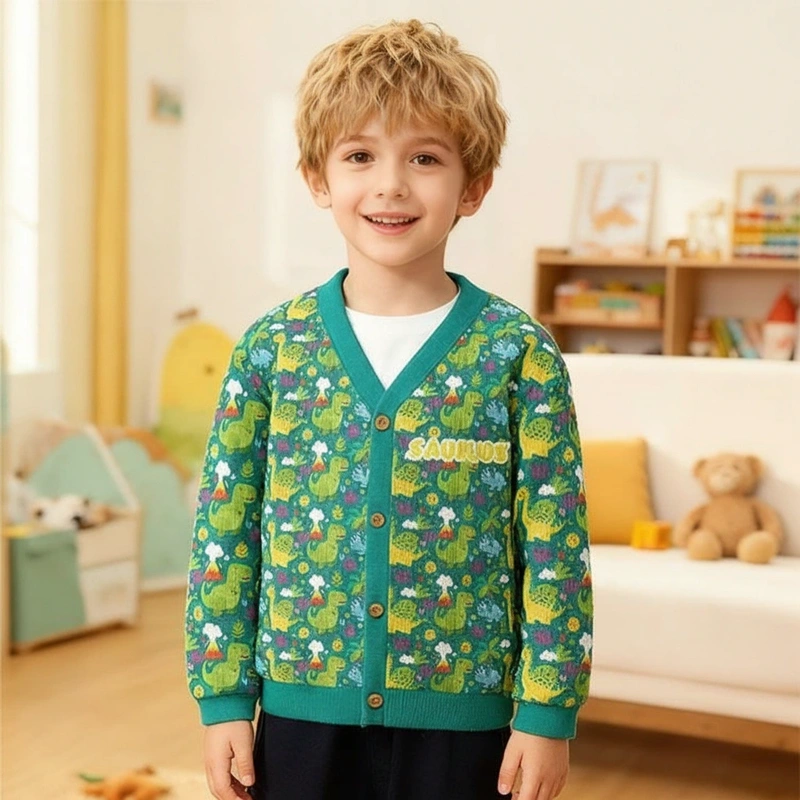 Personalized Colorful Dinosaur Adventure Kids Cardigan Sweaters with Custom Name Design