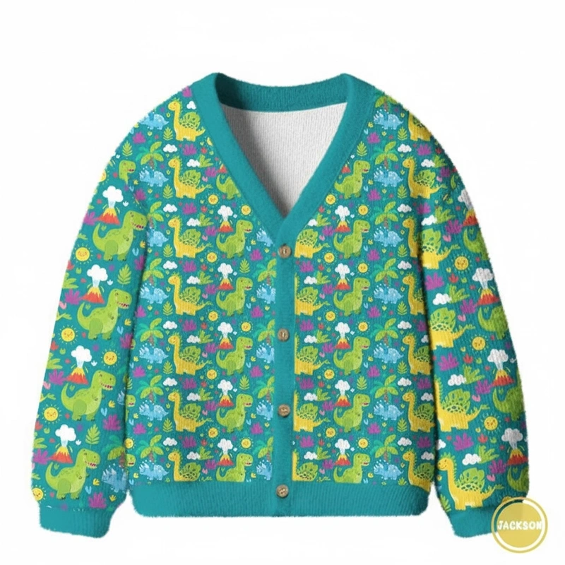 Personalized Colorful Dinosaur Adventure Kids Cardigan Sweaters with Custom Name Design