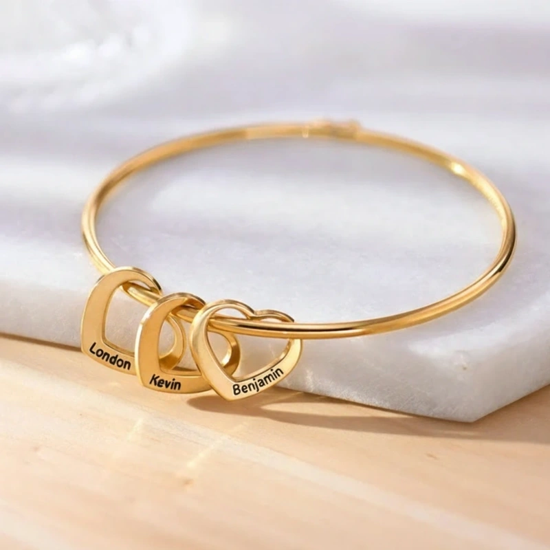 Personalized Bangle Bracelet Engraved Hearts Charms Pendants Heart Shape Bracelet Minimalist Jewelry for Her