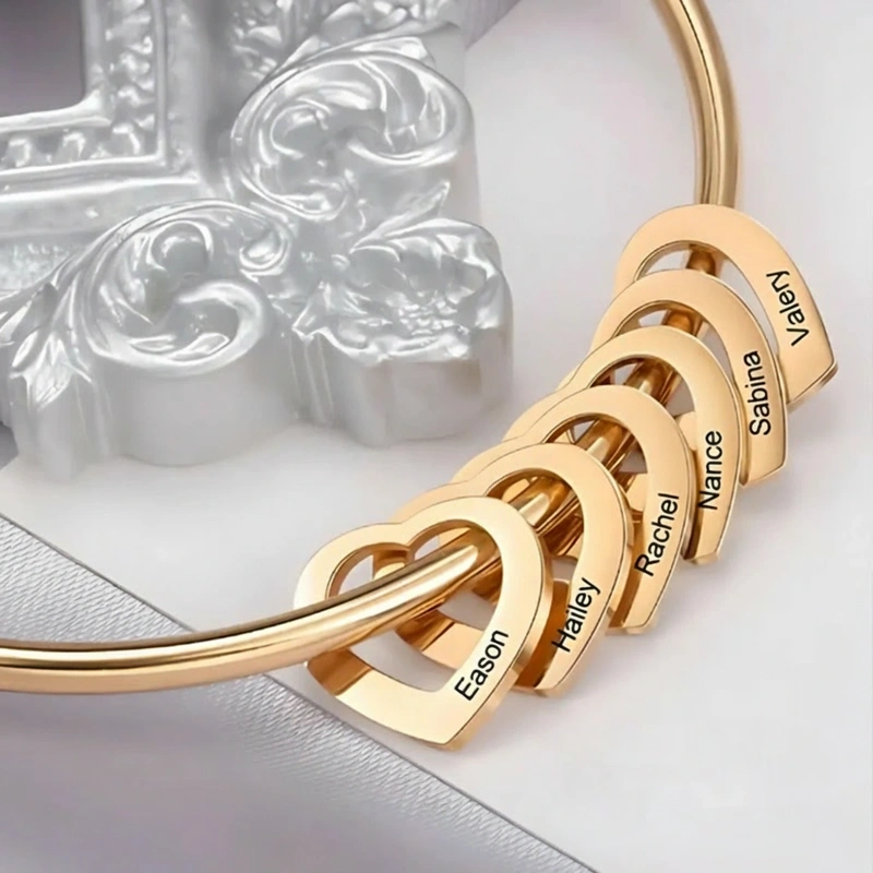 Personalized Bangle Bracelet Engraved Hearts Charms Pendants Heart Shape Bracelet Minimalist Jewelry for Her