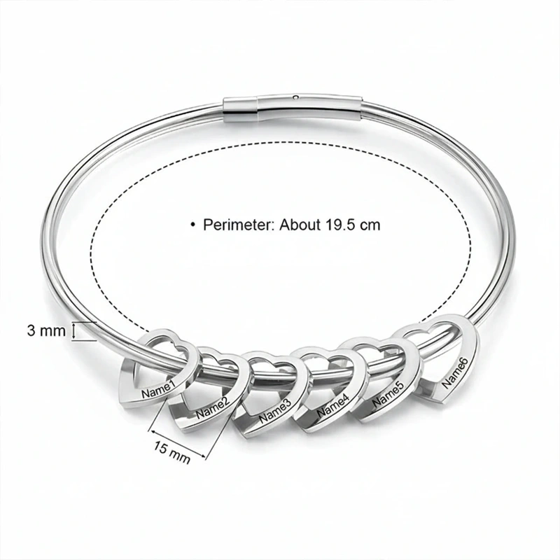 Personalized Bangle Bracelet Engraved Hearts Charms Pendants Heart Shape Bracelet Minimalist Jewelry for Her