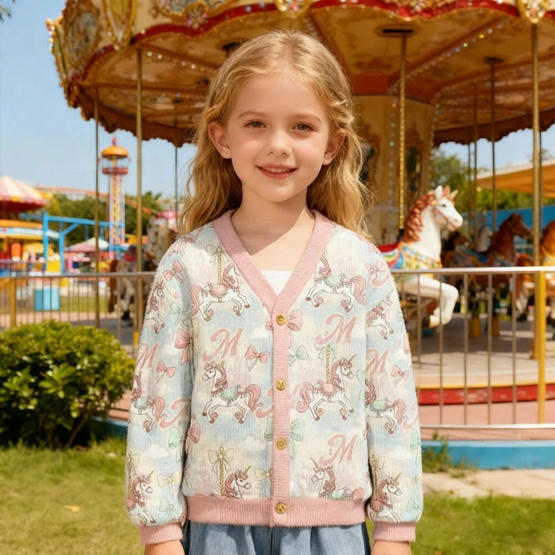 Personalized Pastel Carousel Unicorn Theme Kids Cardigan with Custom Initial