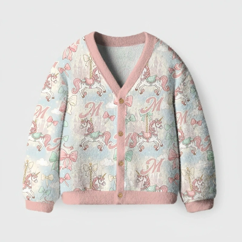 Personalized Pastel Carousel Unicorn Theme Kids Cardigan with Custom Initial