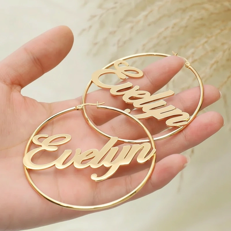 Personalized Name Loop Minimalist Big Nameplate Hoop Gift for Her