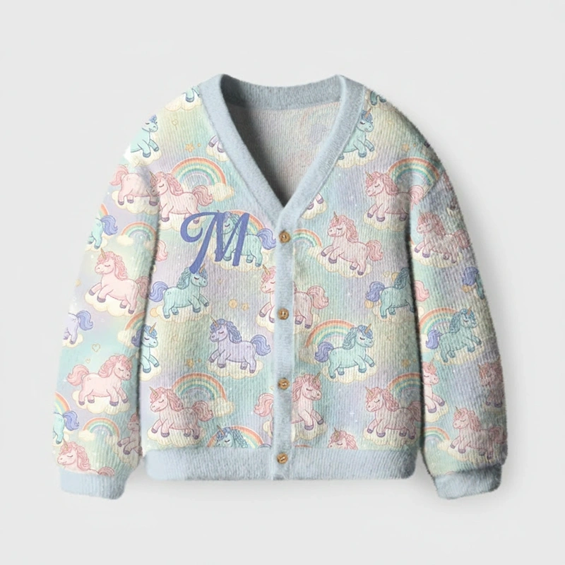 Personalized Rainbow Unicorn Dreamland Theme Kids Cardigan with Custom Initial