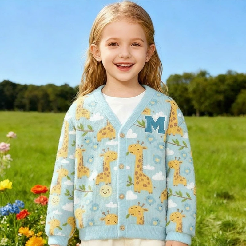 Personalized Cute Blue Giraffe Print Kids Cardigan Sweater Kids Gift