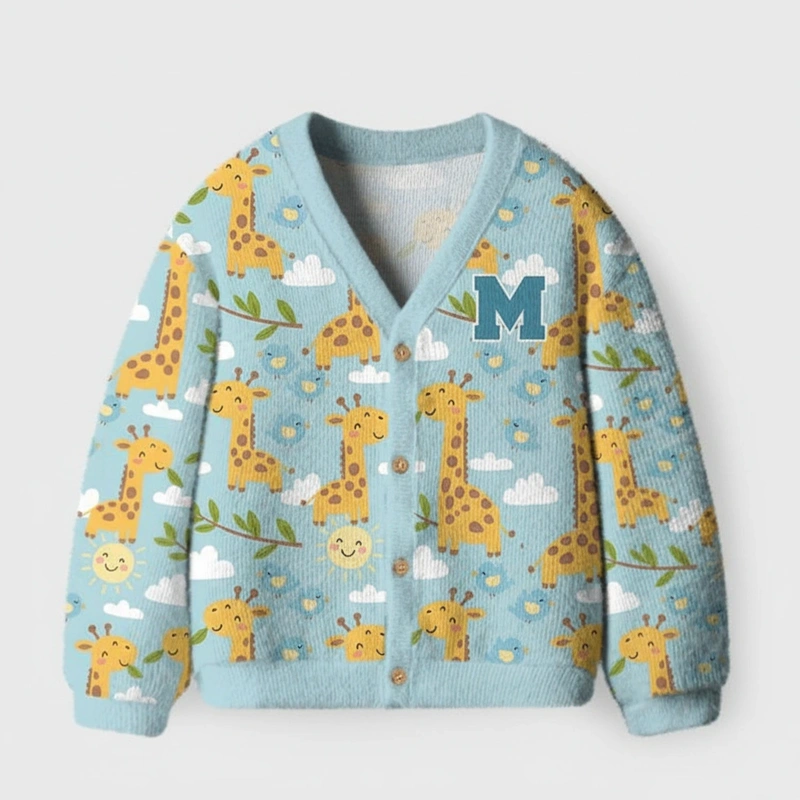 Personalized Cute Blue Giraffe Print Kids Cardigan Sweater Kids Gift