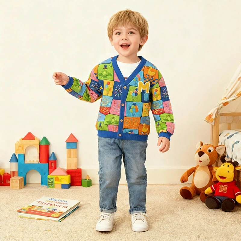 Personalized Colorful Circus Theme Kids Cardigan Sweaters with Custom Initial Kids Gift