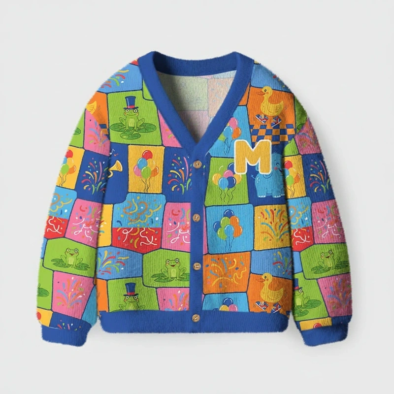 Personalized Colorful Circus Theme Kids Cardigan Sweaters with Custom Initial Kids Gift