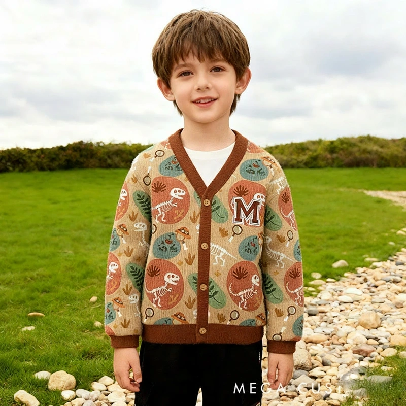 Personalized Dinosaur Fossil Exploration Theme Kids Cardigan Sweaters with Custom Initial
