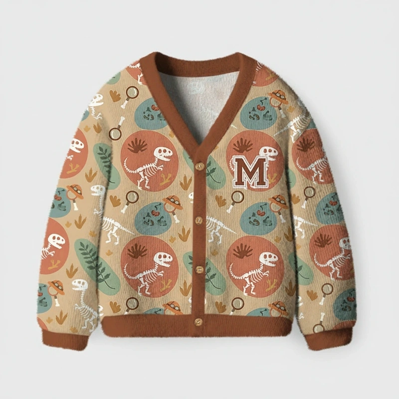 Personalized Dinosaur Fossil Exploration Theme Kids Cardigan Sweaters with Custom Initial