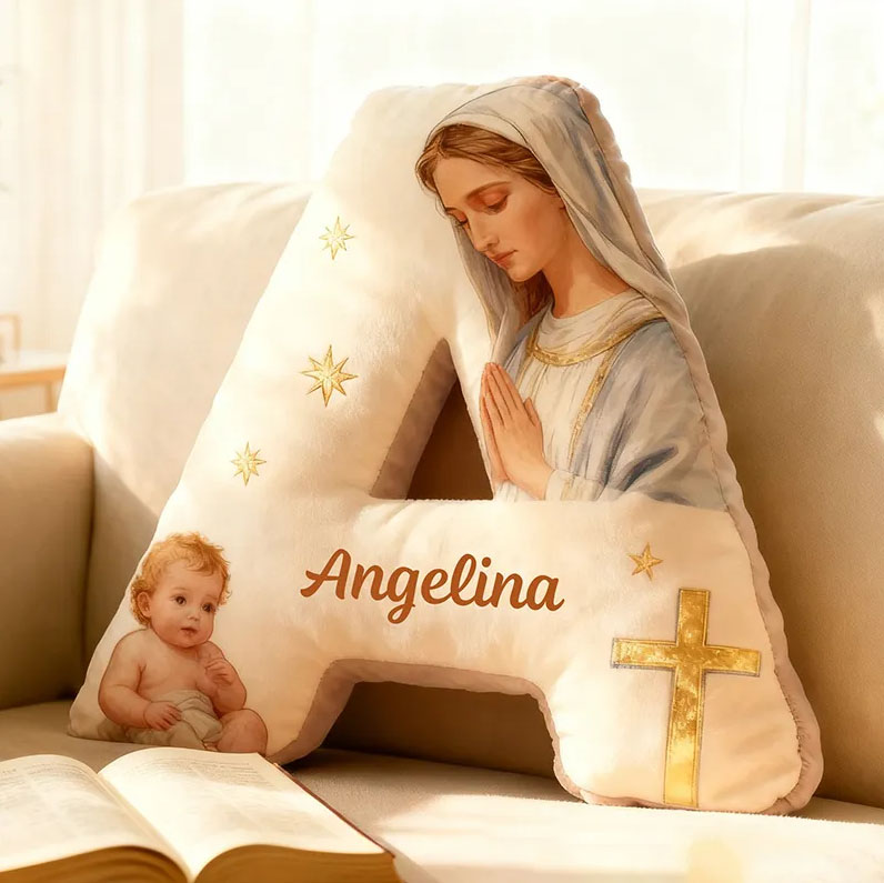 Personalized the Virgin Mary and baby Jesus Letter Pillow with Custom Name Religious Home Decor Graphic 3D Print Pillow Christian Gift Faith Gift