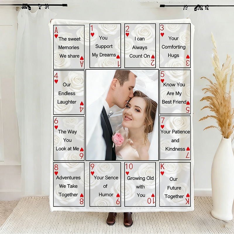 Personalized 12 Reasons Why I Love You Blanket Custom Photo Couple Blanket Gift Play Card Couple Blanket