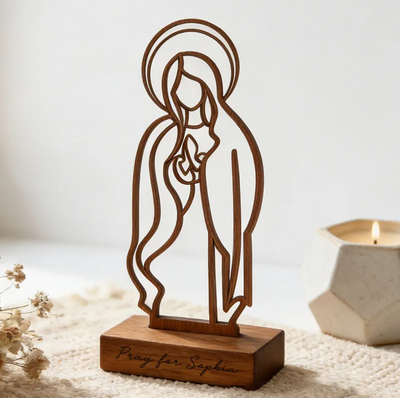 Personalized Inspirational Virgin Mary Art Wooden Plaque with Engraved Text Desktop Decor Birthday Religious Baptism Gift for Christian Family