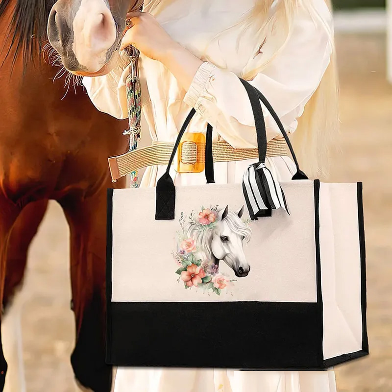 Personalized Floral Horse Large Canvas Tote Bag with Name and Waterproof Liner Birthday Gift for Women Riding Lovers