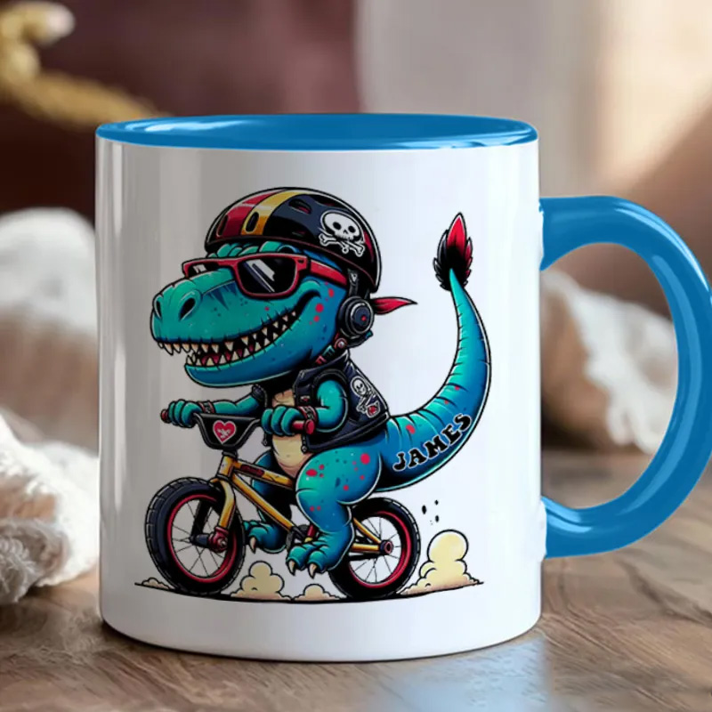 Personalized Bicycle Mug Dino Rider Bike Kids Mug Race Bike Mug Bicycle Mug Bicycle Coffee Cup Bicycle Tea Cup for Cyclistsfor Biker Cycling Riding Lovers
