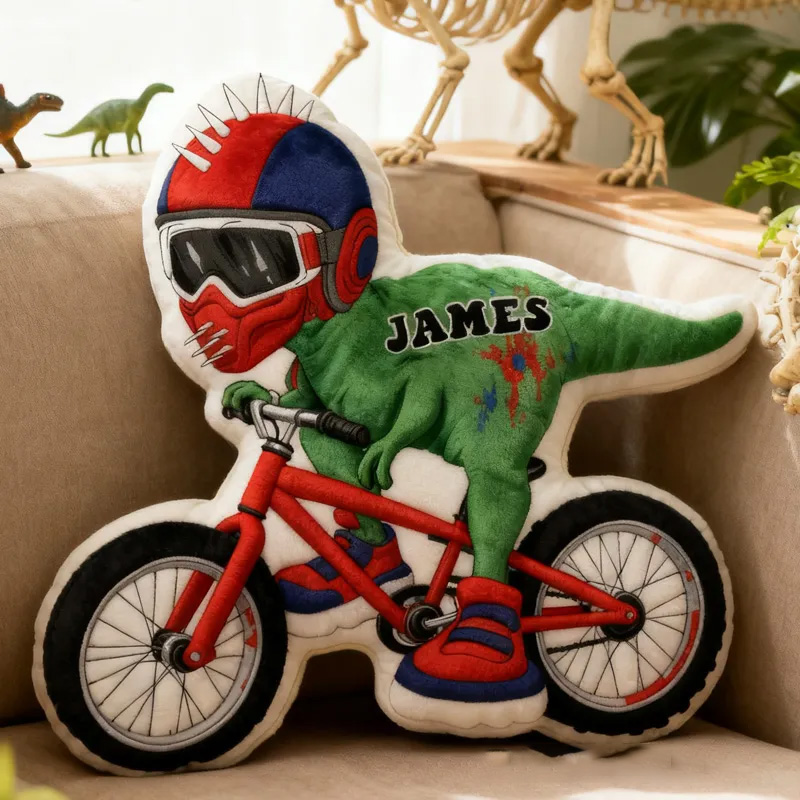 Personalized Dino Rider Bike Pillow Cozy Graphic 3D Print Cool Biker Dino Racing Pillow Name Pillow Comfortable Travel Cushion for Kids Boys Riding Lovers