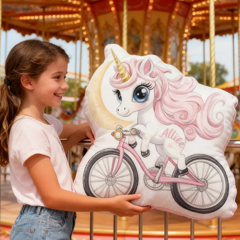 Personalized Pinky Horse Bike Pillow Cozy Graphic 3D Print Bow Pillow Name Pillow Comfortable Travel Cushion for Kids Girls Riding Lovers