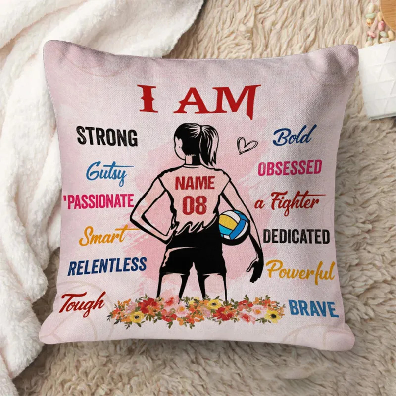 Personalized Volleyball Design Throw Pillow with Custom Name, Number, and Inspirational Words