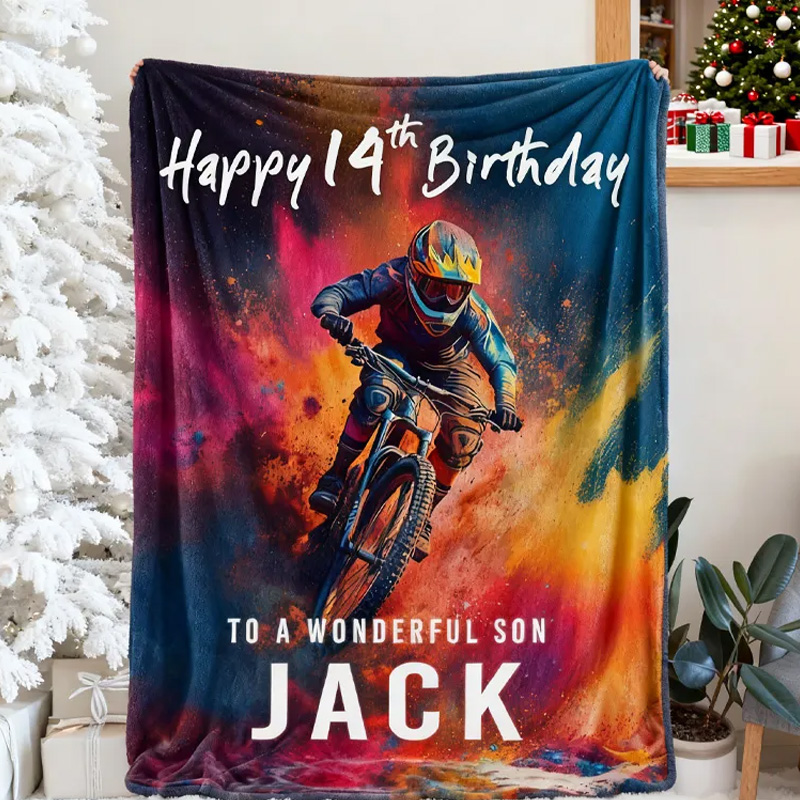 Personalized Mountain Biking Blanket Birthday Custom Mountain Biker Gift Soft Throw Blanket Mountain Bike Decor Bike Racing Birthday Cycling Gifts