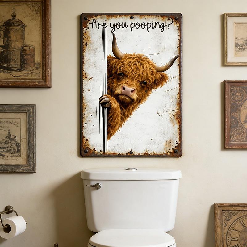 Are You Pooping Highland Cow Sign, Funny Peeking Bathroom Decor, Rustic Farmhouse Humor