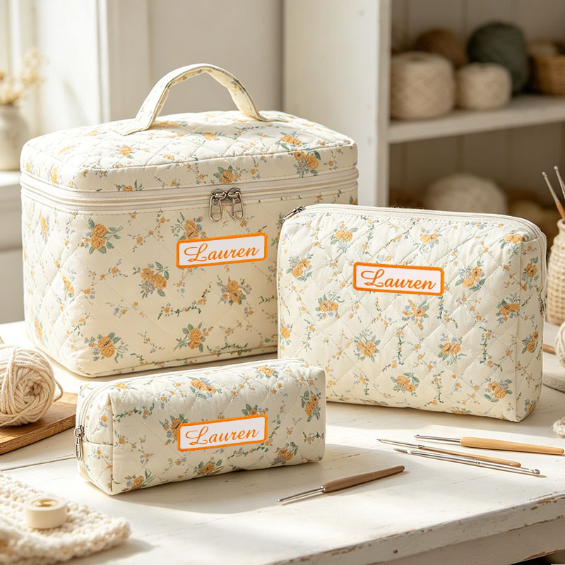 Personalized Embroidered Name Cotton Quilted Crochet Tool Storage Bag Large Small  Floral Crochet Tool Storage Bag Set Cute Coquette Pouch for Purse Aesthetic Cloth Flower Storage Bag Organizer