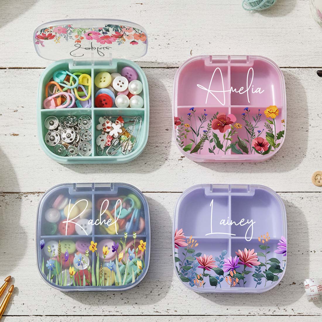 Personalized Knitting Crochet Notions Case Mini Storage Box 4 Compartments Multi Section Stitch Markers Point Protectors Tools Travel Compartments Case Custom Name with Birth Flower Crochet Tool Organizer