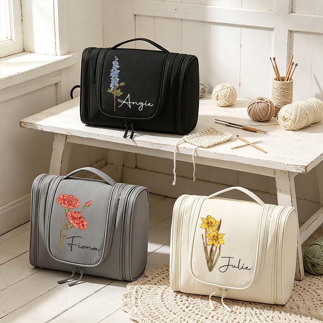 Personalized Crochet Storage Bag Water Resistant Crochet Storage Bag with Hanging Hook Custom Name with Birth Flower Crochet Tool Storage Bag Portable Crochet Tool Storage Bag Large Capacity Multiple Pockets Organizer Bag