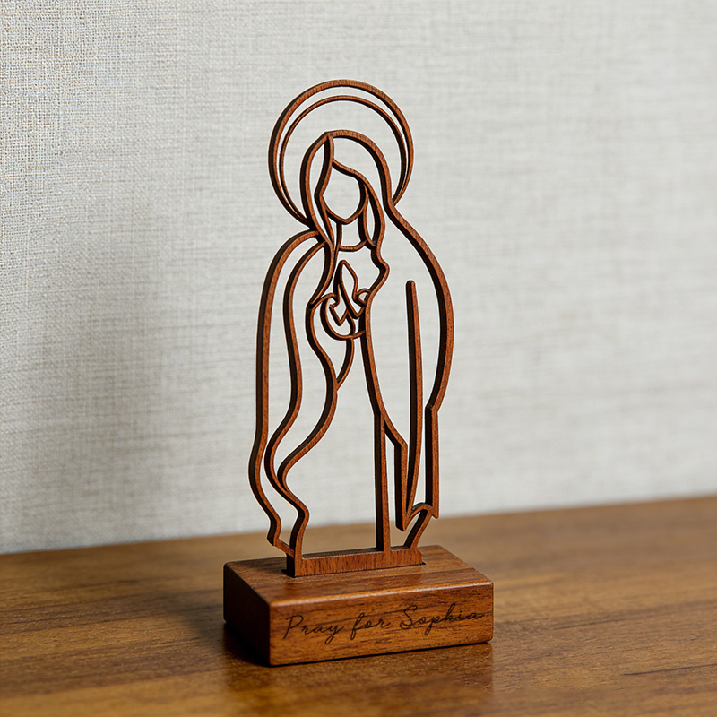 Personalized Inspirational Virgin Mary Art Wooden Plaque with Engraved Text Desktop Decor Birthday Religious Baptism Gift for Christian Family