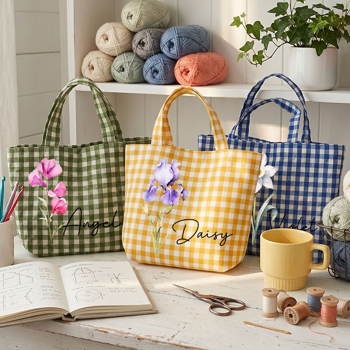 Personalized Crochet Tool Storage Tote Bag Gingham Tote Bag Custom Name with Birth MonthCanvas Tote Reusable Shopping Bag