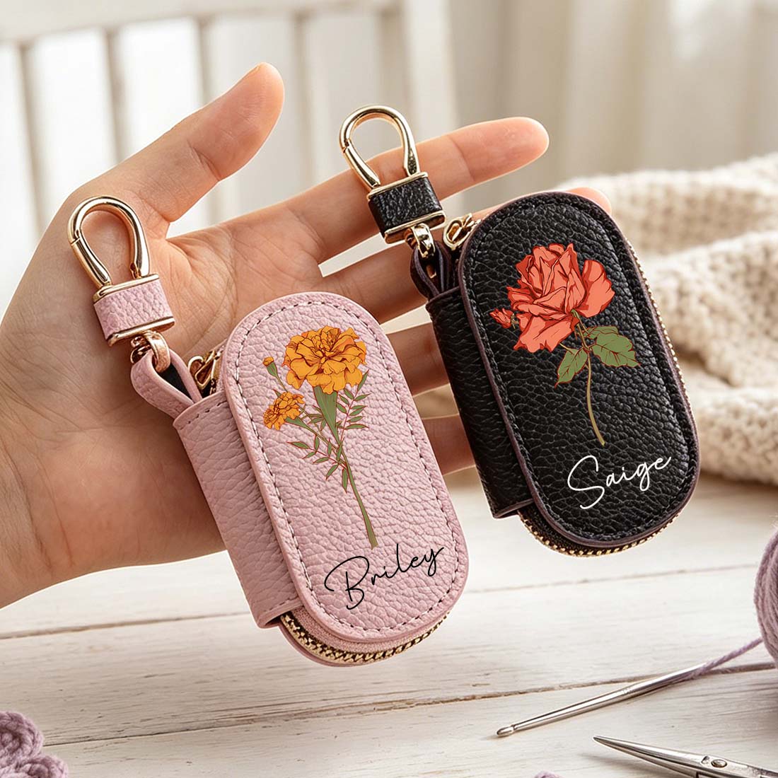 Personalized Knitting Crochet Notions Bag Mini Storage Bag Stitch Markers Point Protectors Tools Custom Name with Birth Flower
