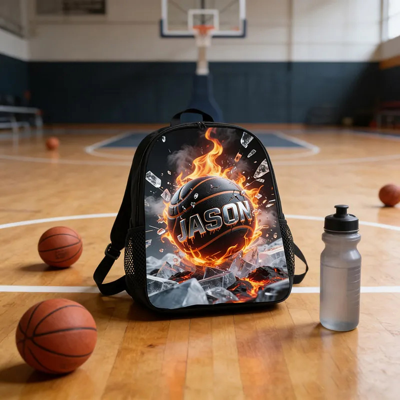 Personalized Basketball Backpack with Fiery Design and Custom Name for Kids and Basketball Lovers Black to School Gift