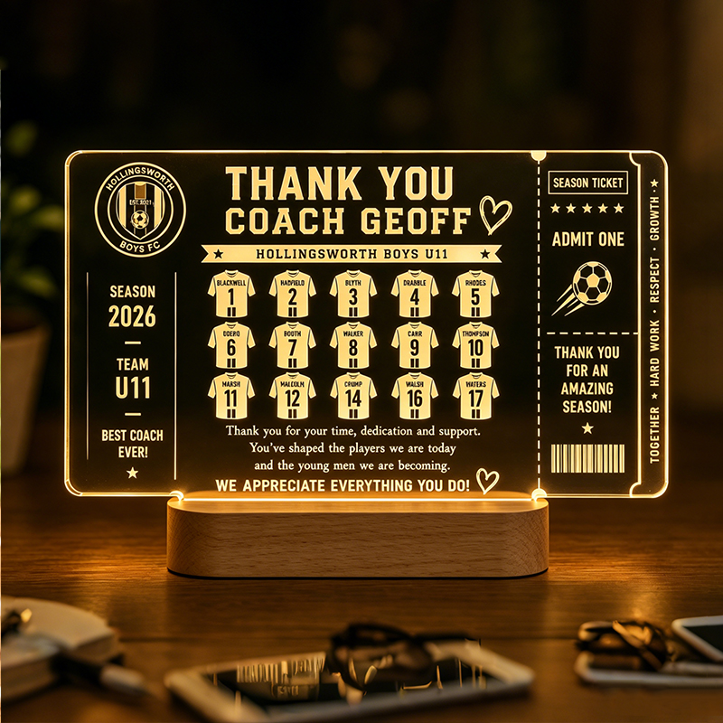 Personalized LED Coach Thank You Plaque Custom Soccer Team Gift with Player Names & Numbers