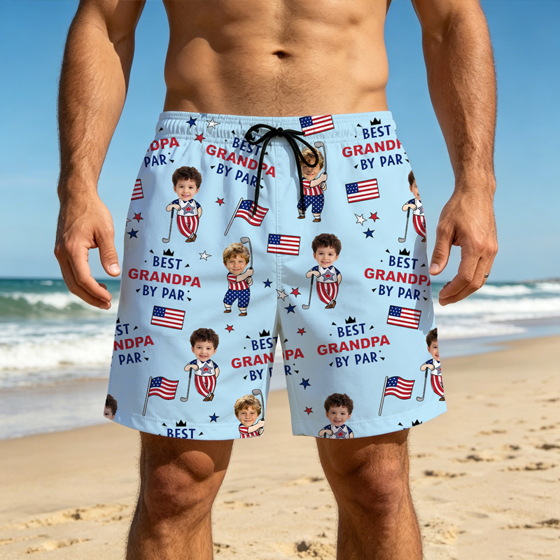 Personalized Golf Shorts Custom Photo Best Dad By Par Funny Kid 250th Anniversary US Flag