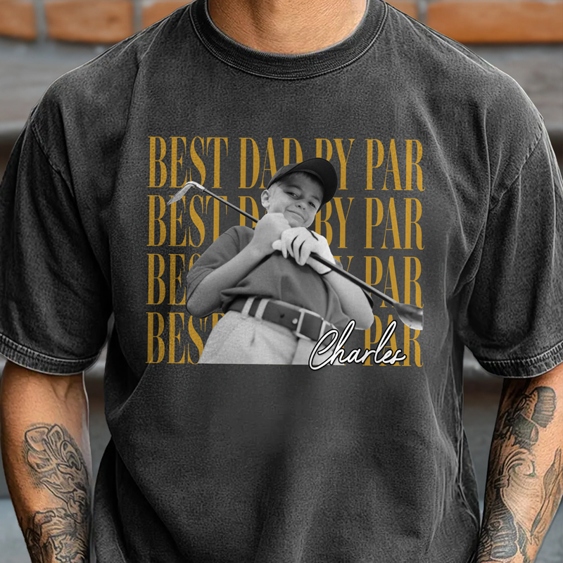 Personalized Sports Dad Washed T-Shirt Custom Photo and Text Best Dad By Par Vintage Style Gift For Sports Dad Father's Day