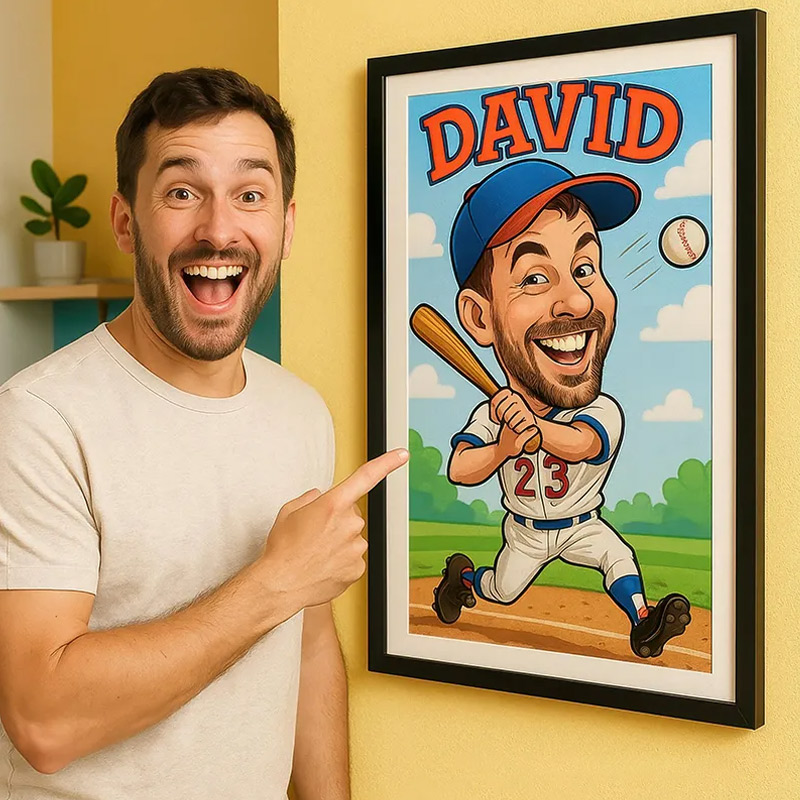 Personalized Baseball Caricature from Photo Wall Art Poster Without Frame Funny Hand Drawn Style Art Gift for Baseball Fans and Athletes 